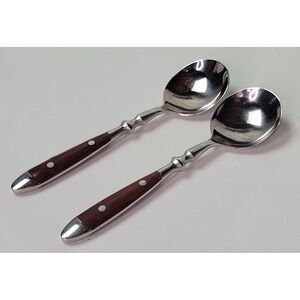 Chefs Bistro Gumbo Soup Spoons Woodgrain Brown 18/8 Stainless Steel Set of 2